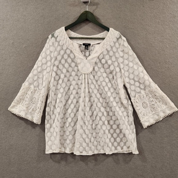 Alfani Sheer Polka‎ Dot Blouse Womens 2X Boho Crochet Bell Sleeve Top White - Picture 1 of 8